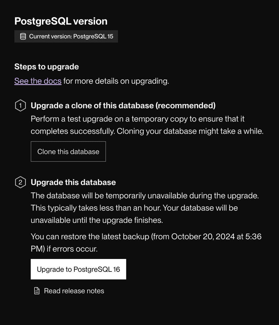 PostgreSQL upgrade flow in the Render Dashboard