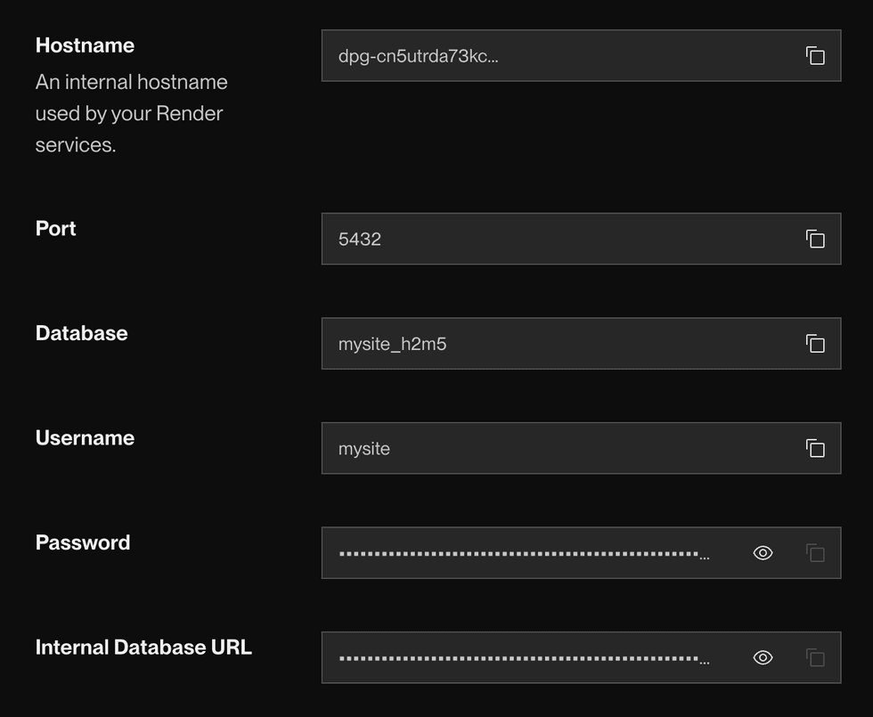 PostgreSQL private connection details in the Render Dashboard