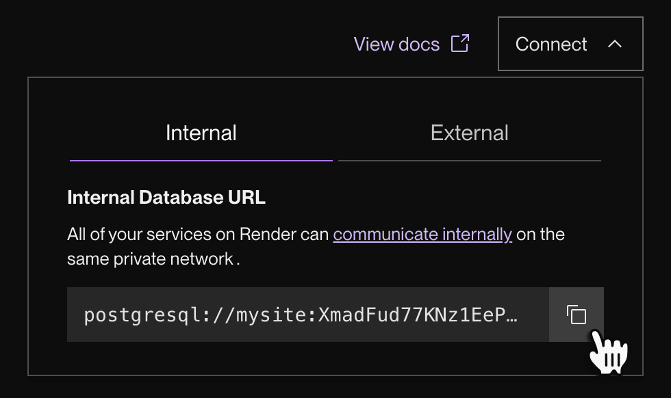 The Connect menu for a Render PostgreSQL database