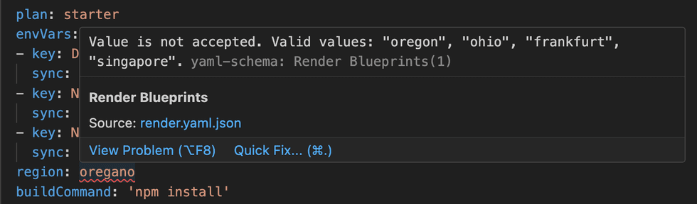 render.yaml validation in VS Code