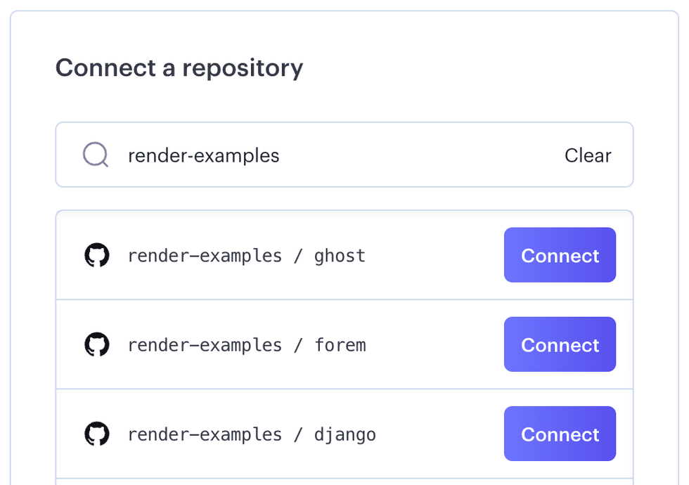 List of GitHub repos in the Render Dashboard