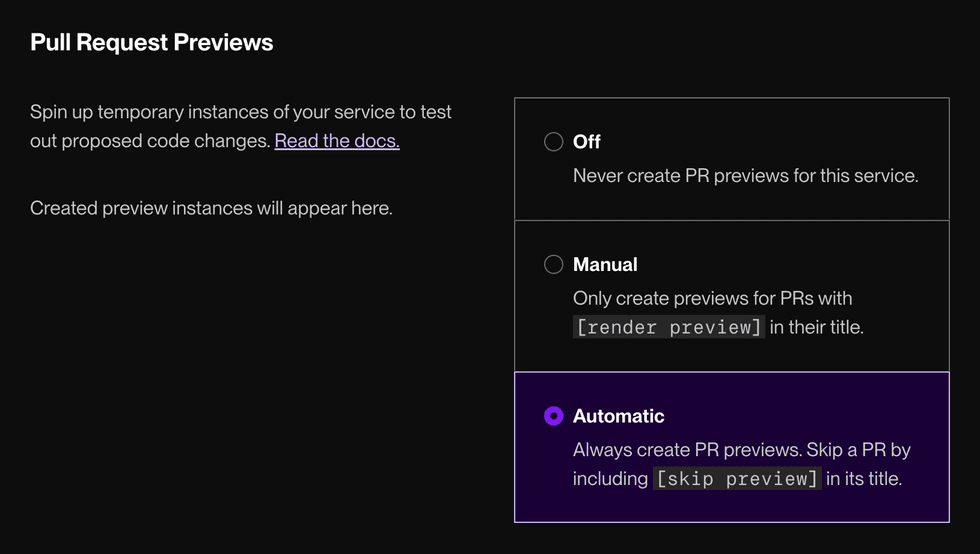 Setting PR preview options in the Render Dashboard