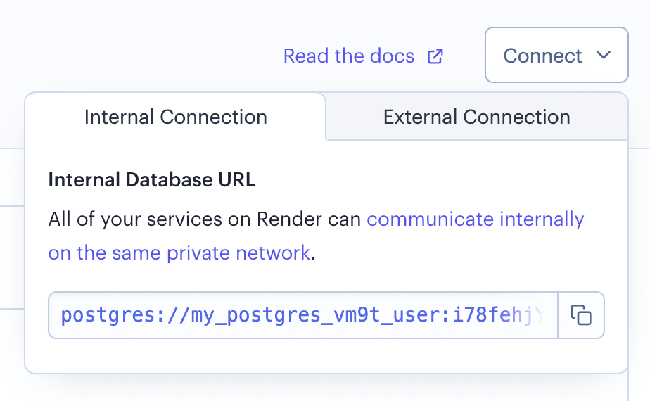 The Connect menu for a Render PostgreSQL database