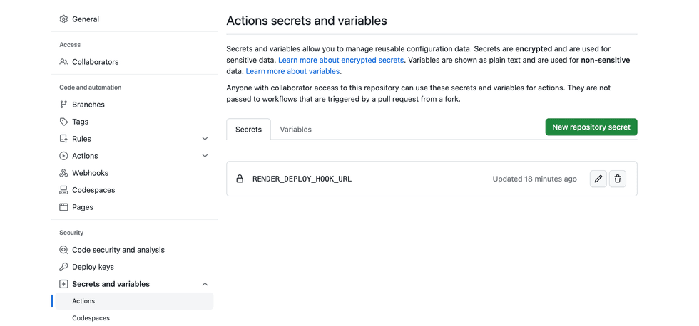 Repository secret for a GitHub action