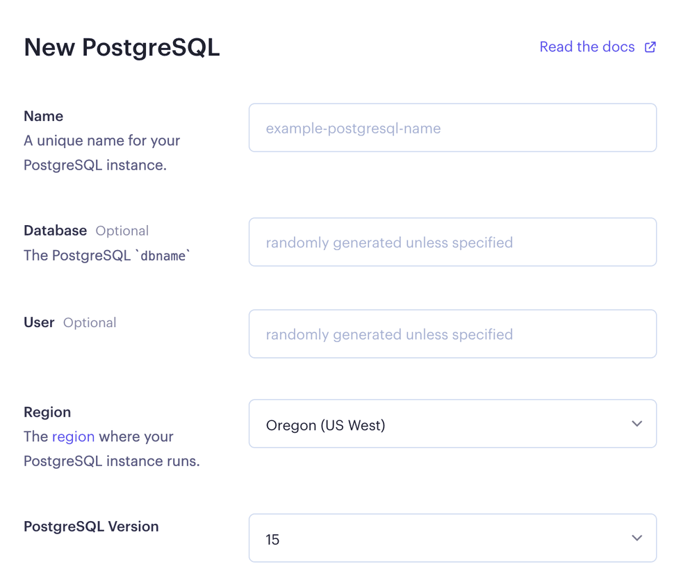 New PostgreSQL creation form.