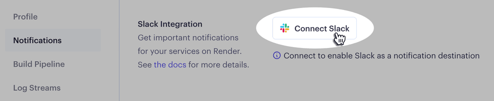 Connecting Slack in the Render Dashboard