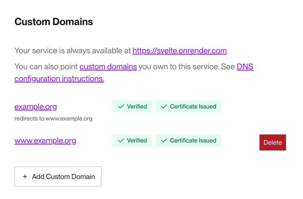 Verified domains in the Render Dashboard