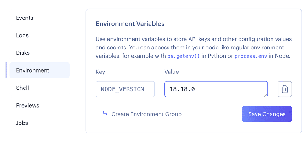 Setting the NODE_VERSION environment variable
