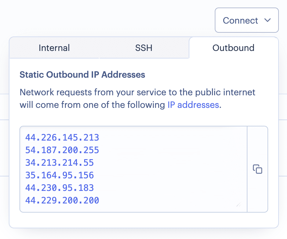 List of static IP addresses in the Render Dashboard