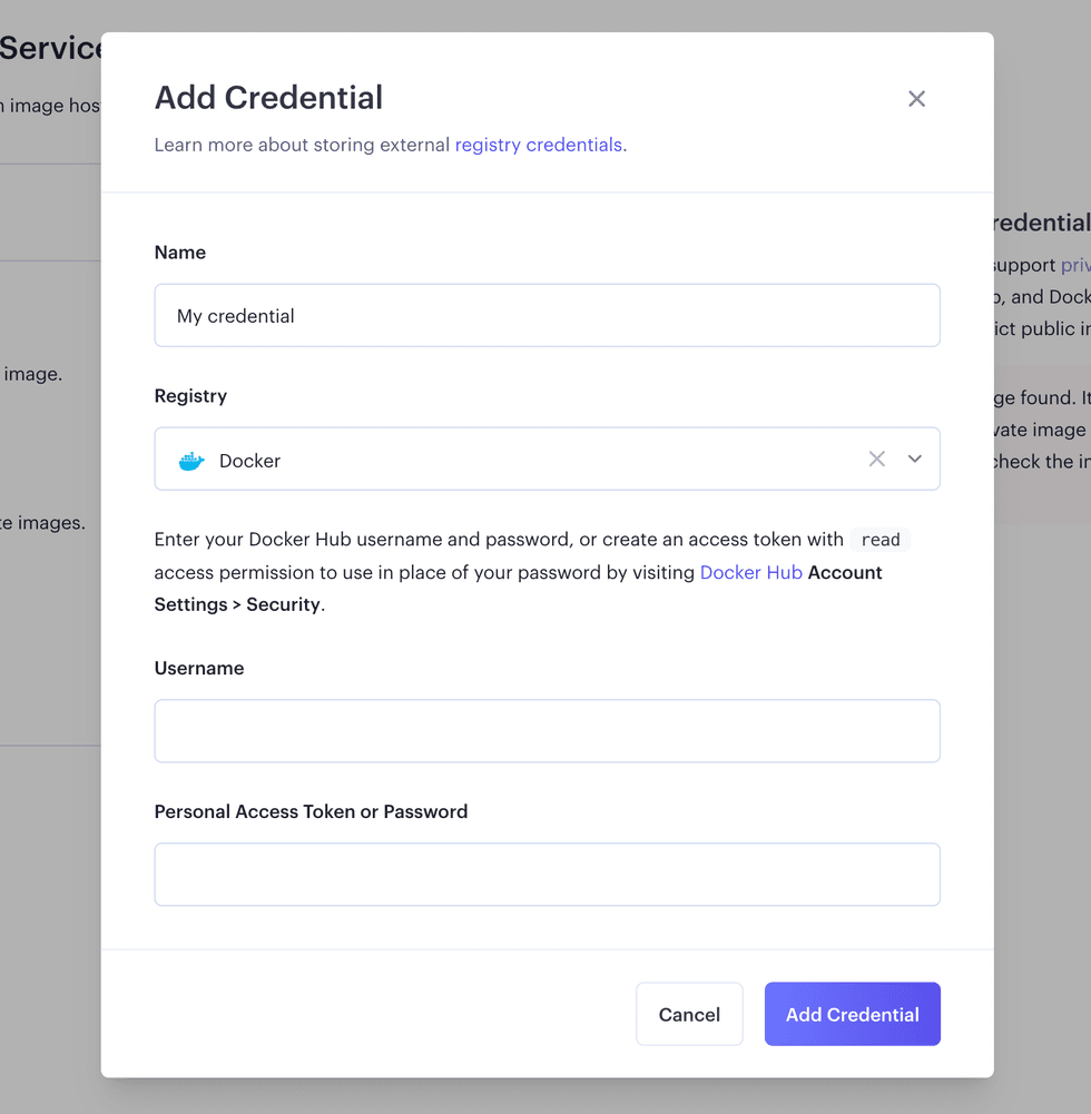 Form for adding container registry credentials