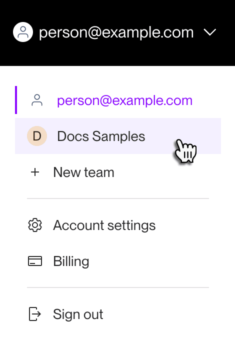 Selecting a newly created team in the user dropdown