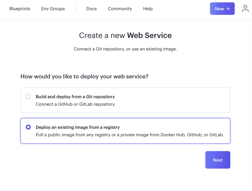 Dashboard UI for creating a new web service