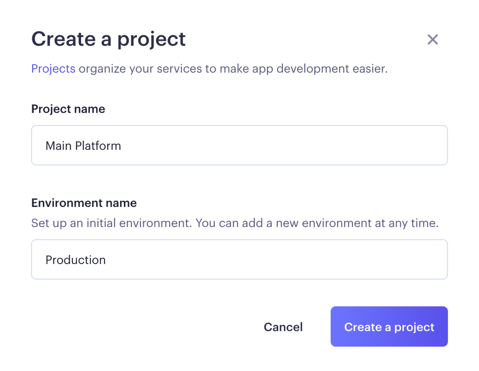 Create a project dialog